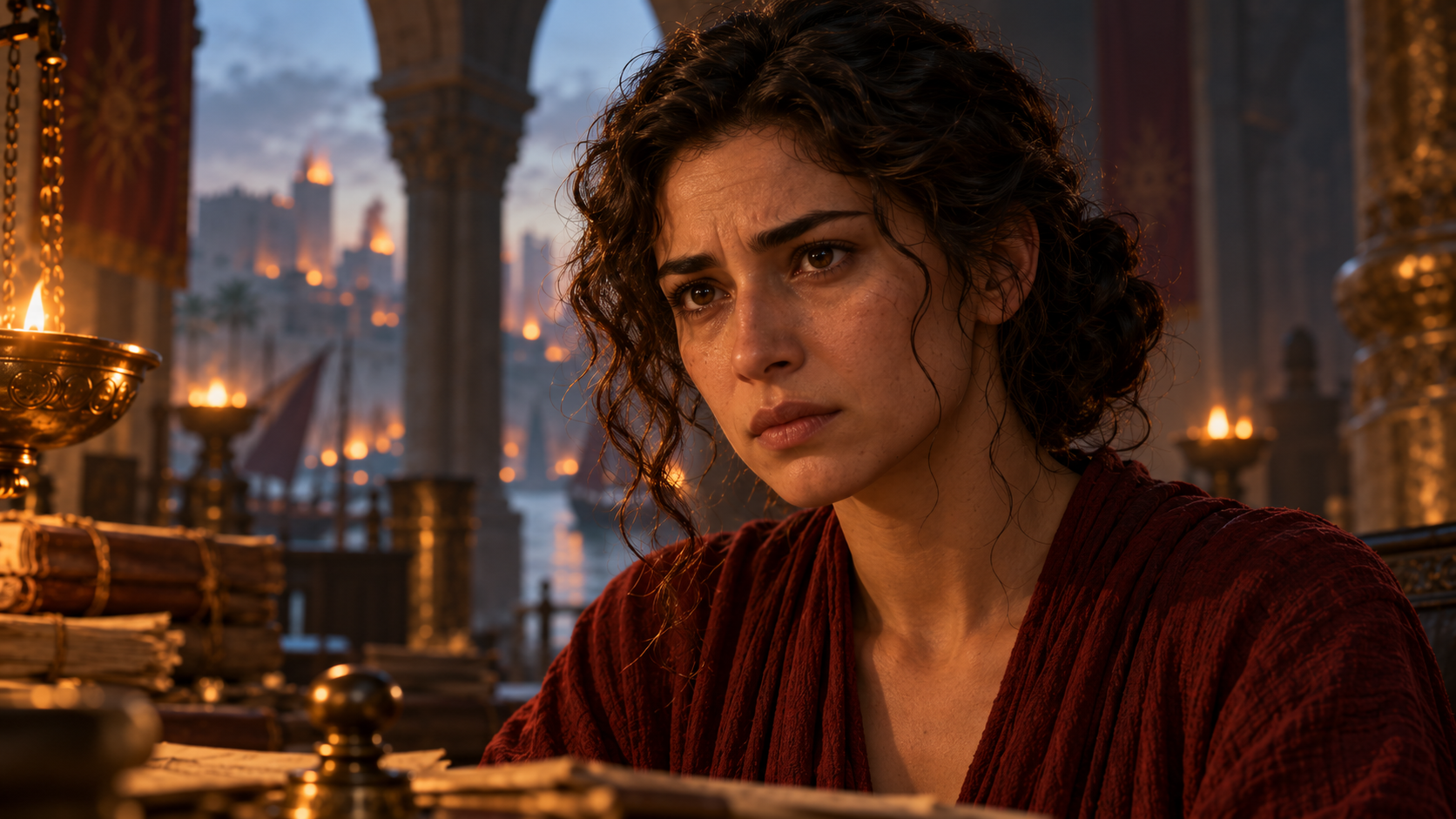 Ilyra, a fictional character, in a candlelit cinematic performance study